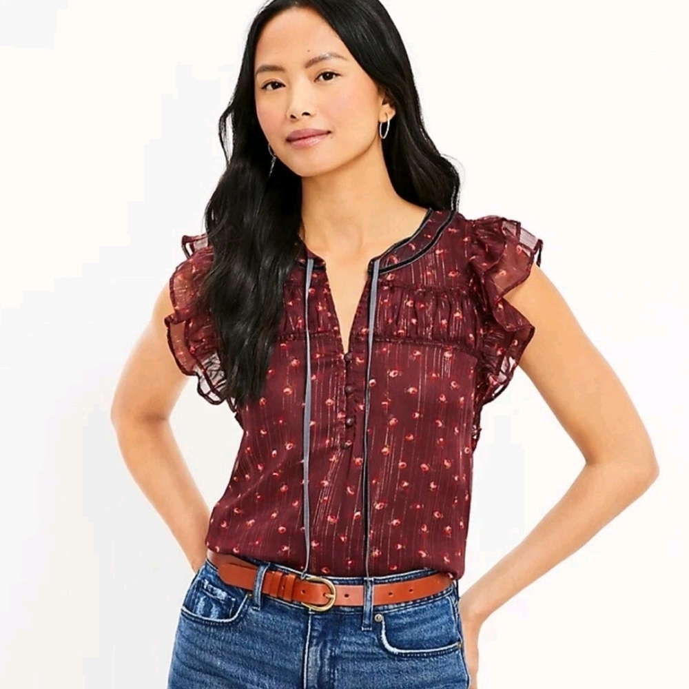 LOFT Maroon Floral Ruffle Sleeve Blouse
